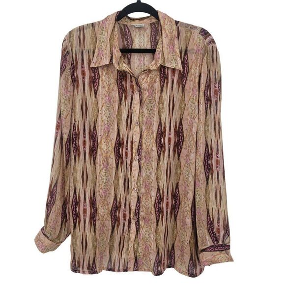 Vintage 70s Sheer Button Down Blouse XL Pink Metallic Geometric Striped Groovy - Picture 1 of 11
